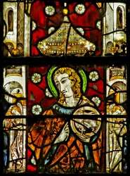 Window depicting Saint (probably John) and musical Angels in the sideshafts